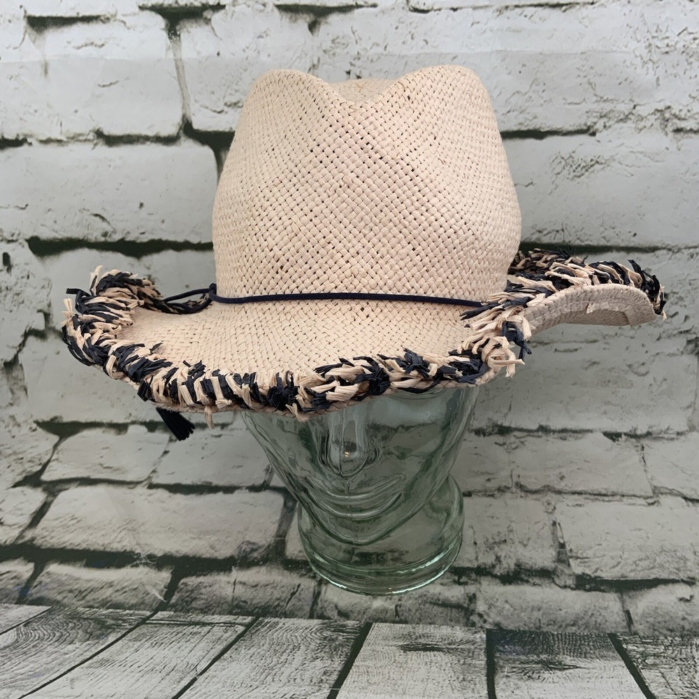 Seed Teen Paper Sun Hat Distressed Beige Black Fringe